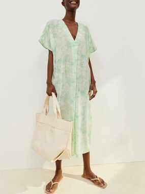 H&M Mint & White Floral V-Neck Kaftan Dress